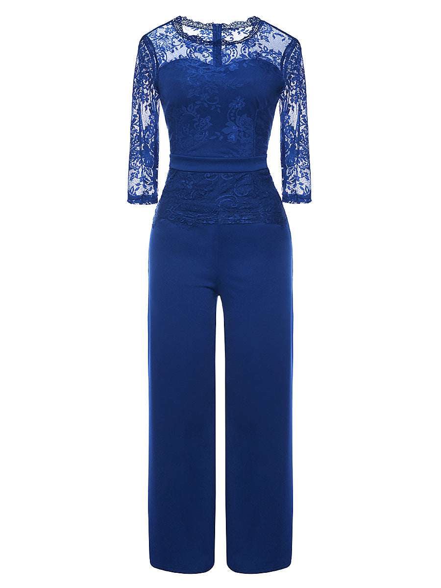 Womens Solid Lace Jumpsuit Loose 3/4 Long Sleeves Playsuit Full Body Elegan Crew Neck Rompers Onesie for Evening Out