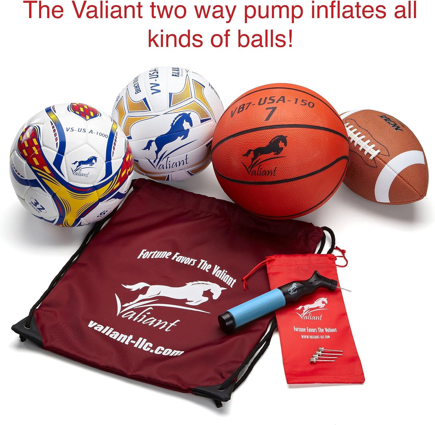 Sports Ball Pump Inflator with 5 needles (Pin) and Pouch, Dual Action Hand Held Portable Air Ball Pump with pins to Inflate Athletic Soccer Ball, Football, Volleyball, Rugby & Basketball