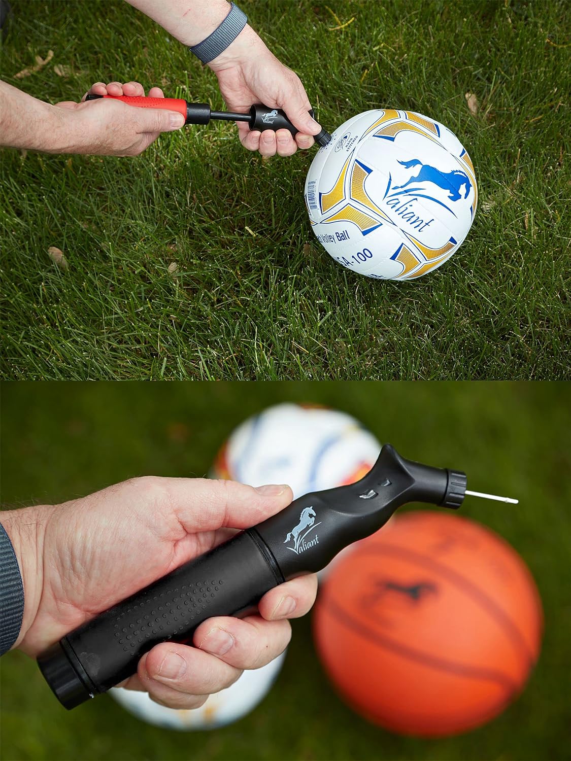 Sports Ball Pump Inflator with 5 needles (Pin) and Pouch, Dual Action Hand Held Portable Air Ball Pump with pins to Inflate Athletic Soccer Ball, Football, Volleyball, Rugby & Basketball