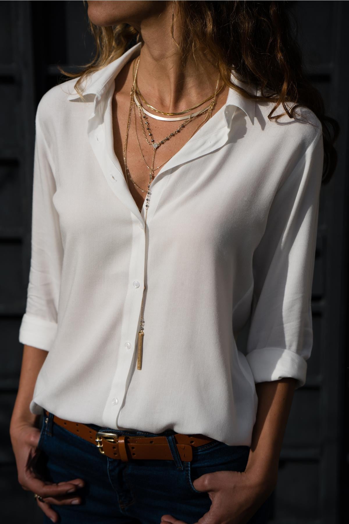 Autumn And Winter Women's Long Sleeve, Deep V Button Chiffon Shirt