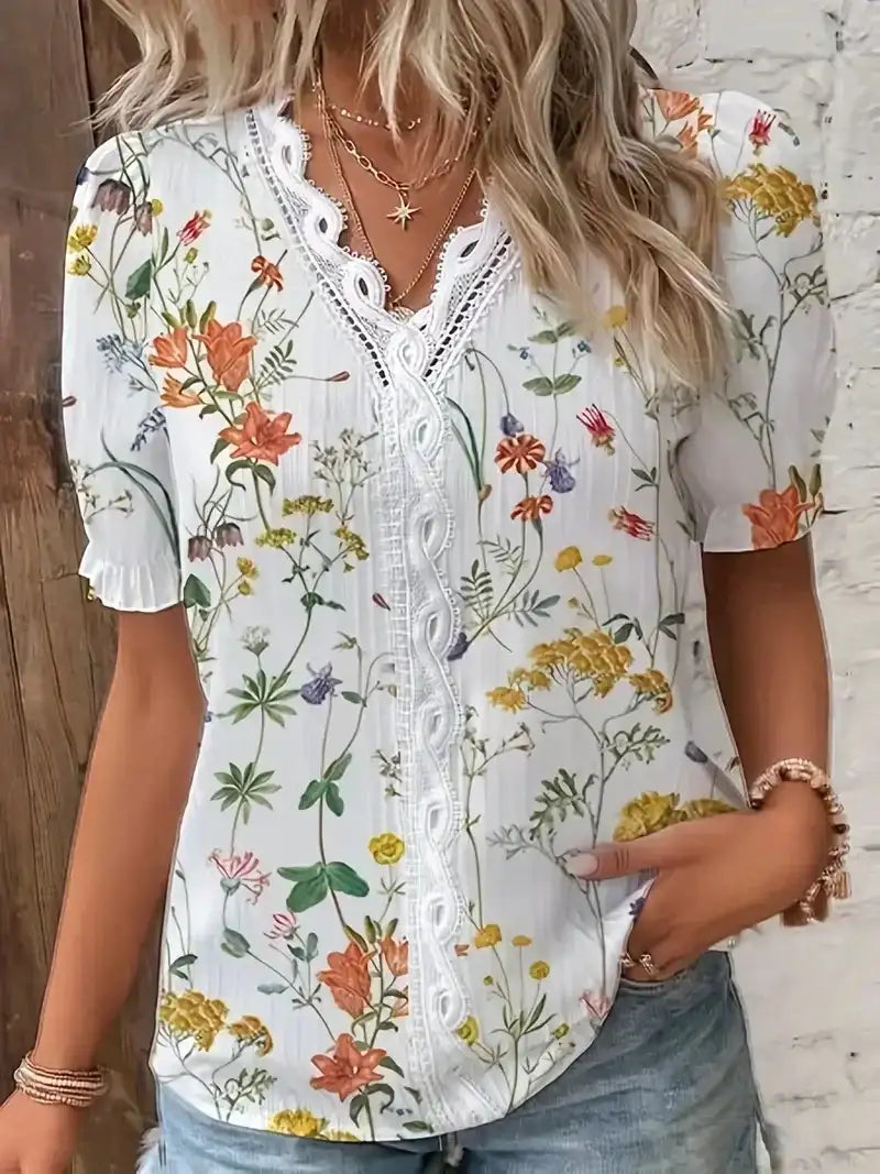 Fashion Woman Blouses 2025 Shirt Women's 3d Flower Print White Kawaii V-neck Female Clothing