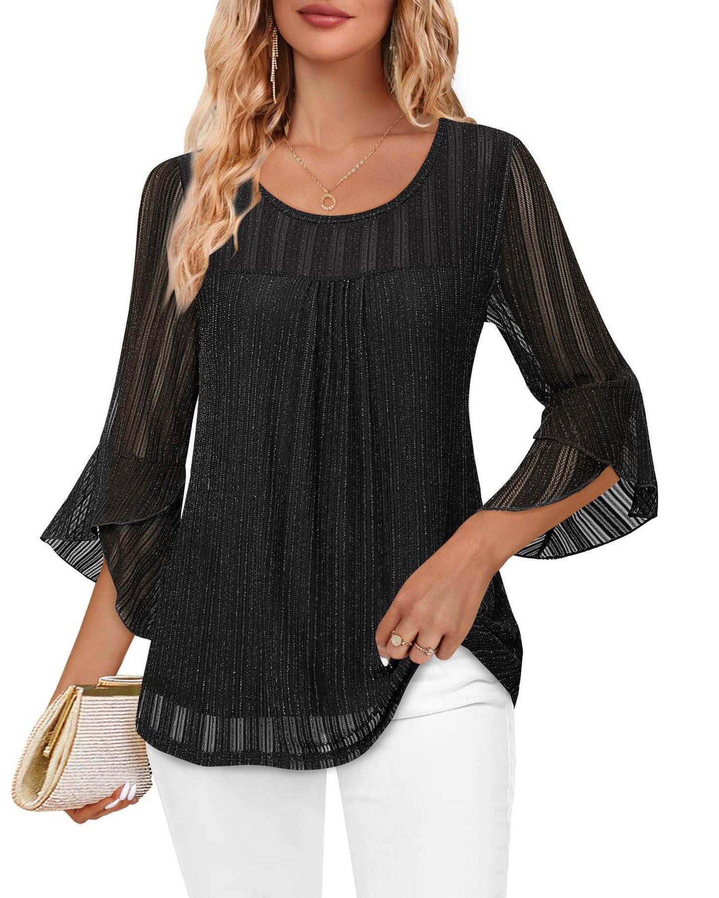 Women Fashion Blouses Flare Sleeve Elegant Ladies O-Neck Tunic Tops New Spring Summer Casual Ruffles