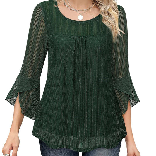 Women Fashion Blouses Flare Sleeve Elegant Ladies O-Neck Tunic Tops New Spring Summer Casual Ruffles