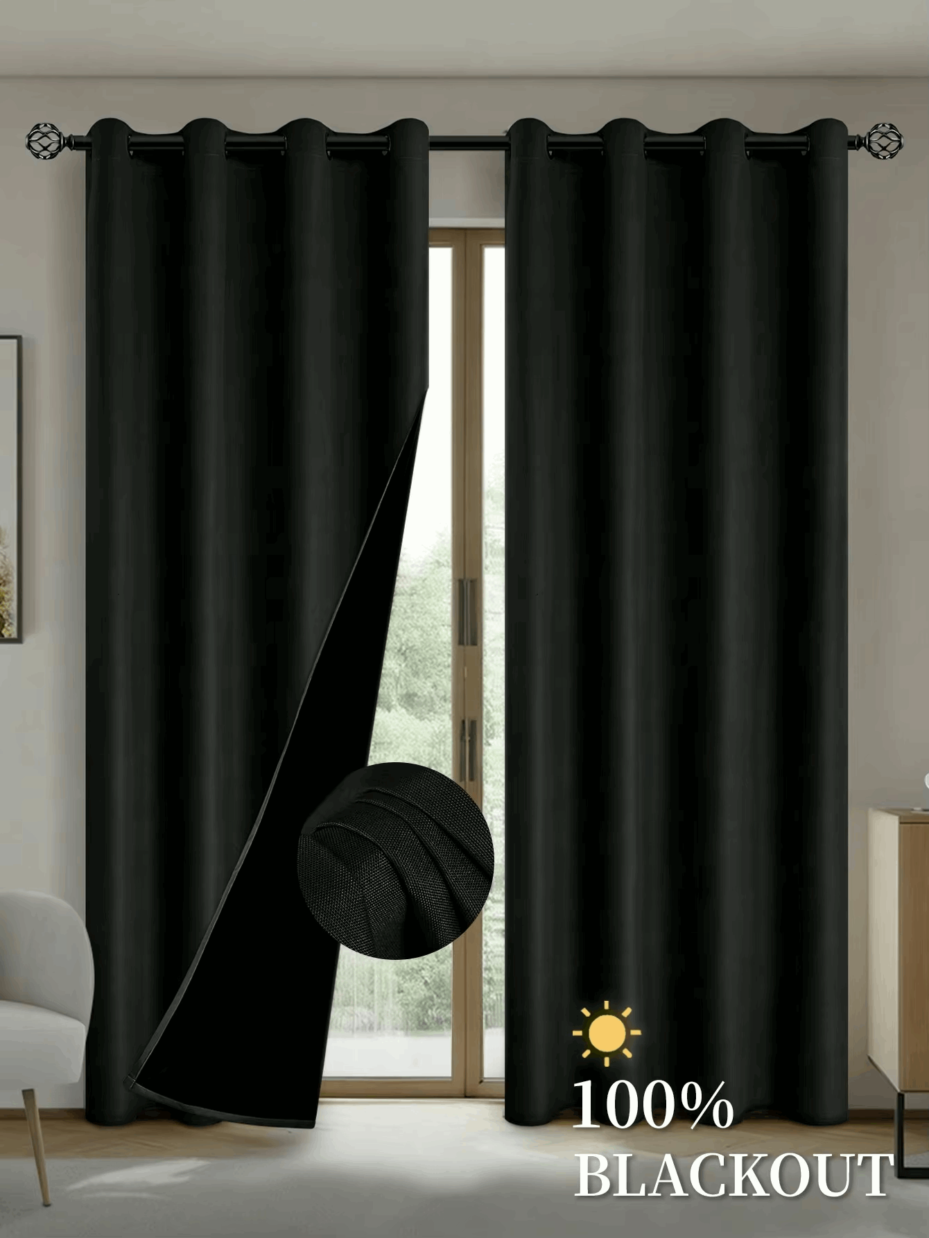 Noise-reducing blackout curtains with light-through capability
