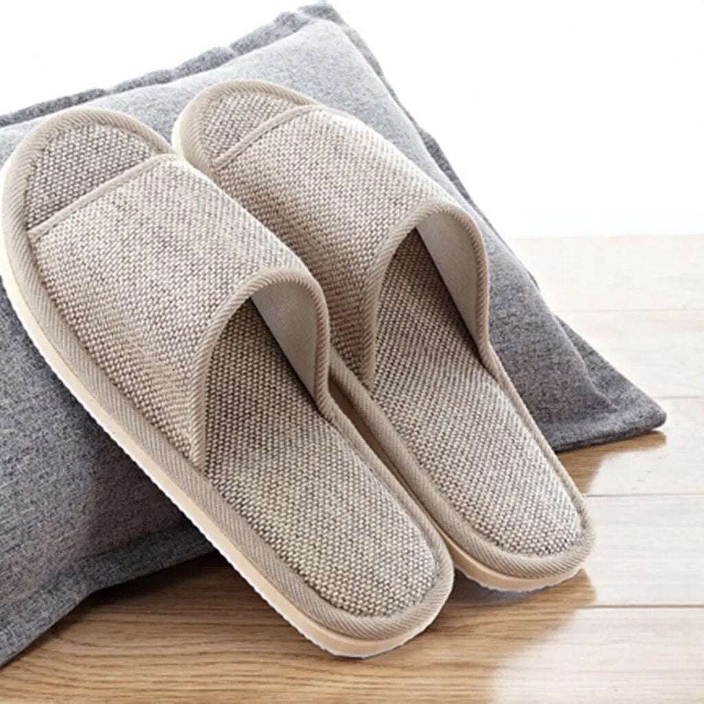 Men and women couple soft slippers Pure plain home linen slippers Simple and comfortable set of indoor slippers