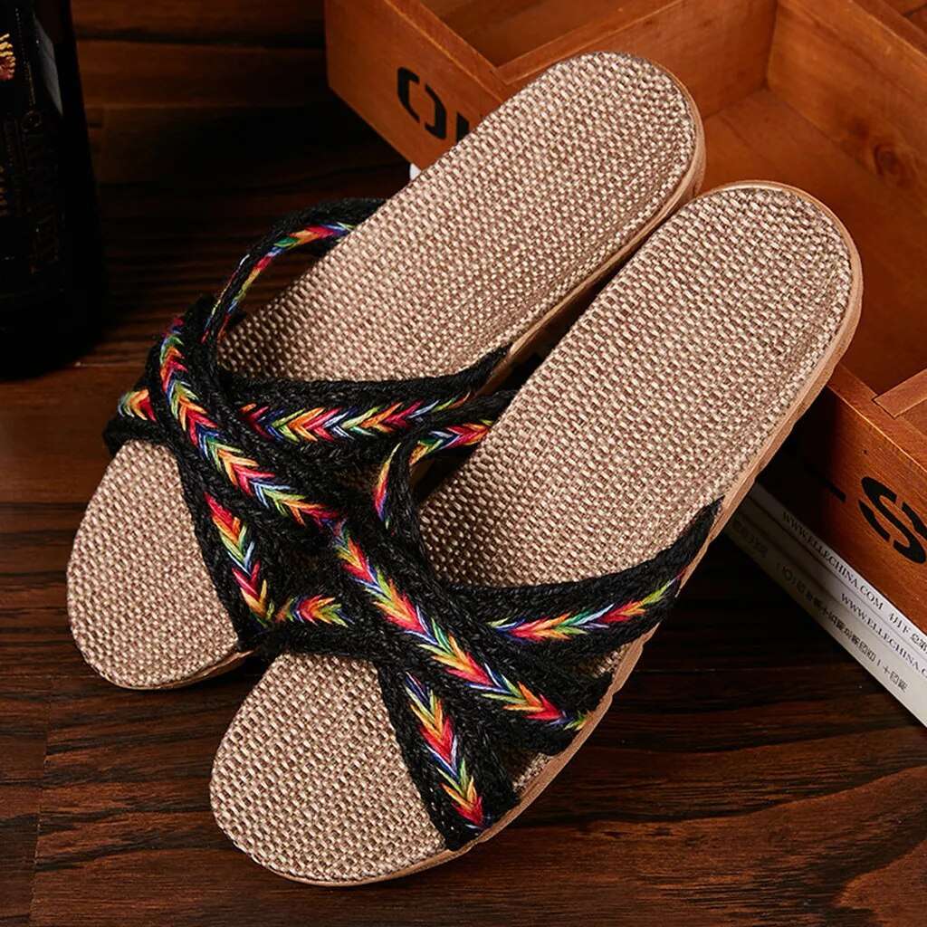 Summer Flax Slippers Women Casual Slippers Summer Cross Strap Ladies Casual Shoes