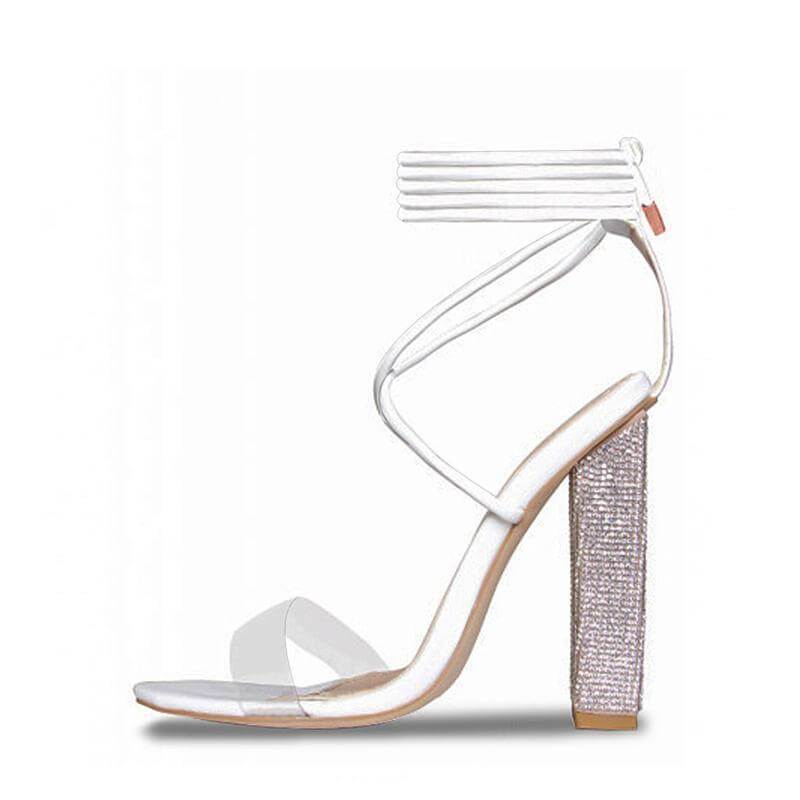 White Transparent Belt Thick-heeled High-heeled Sandals with Open-toed