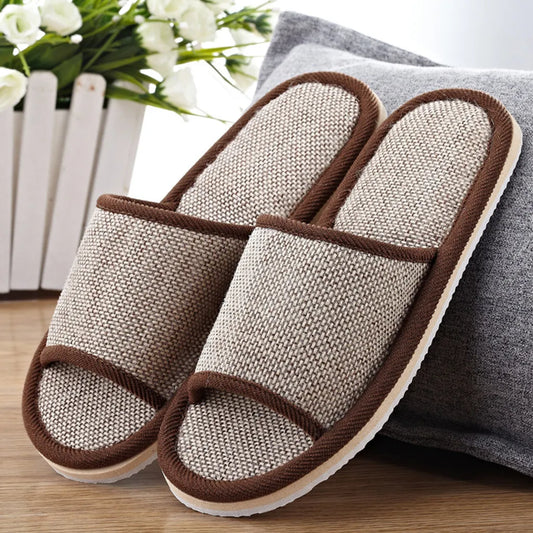 Men and women couple soft slippers Pure plain home linen slippers Simple and comfortable set of indoor slippers