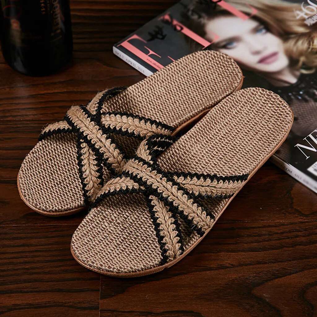 Summer Flax Slippers Women Casual Slippers Summer Cross Strap Ladies Casual Shoes