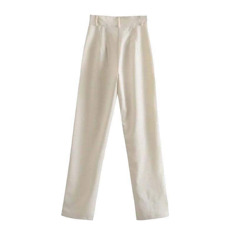 Women Chic Side Pockets Straight Pants Vintage High Waist Zipper Fly