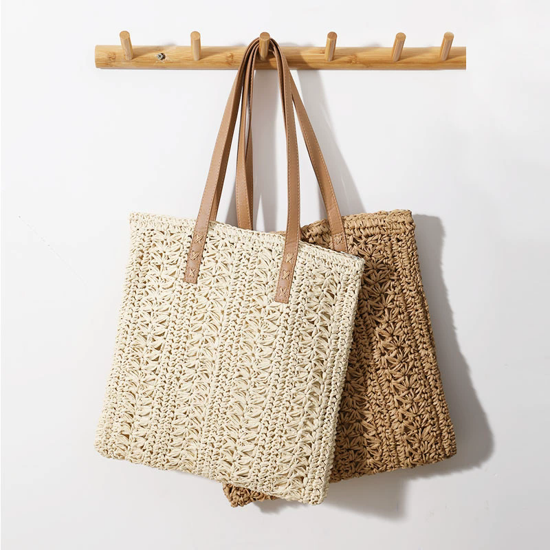 New Woven Striped Straw Bag, Fashionable And Casual Hollow Large Capacity Bag