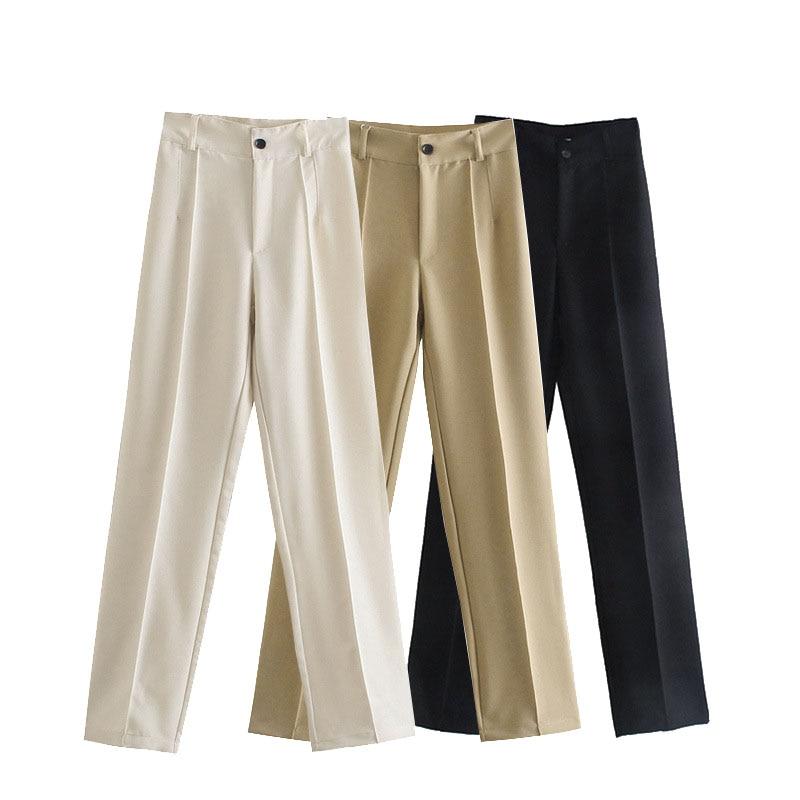 Women Chic Side Pockets Straight Pants Vintage High Waist Zipper Fly