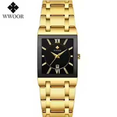 Japanese Quartz Watches WWOOR Black Gold Square Watch Stainless Steel Waterproof Fashion