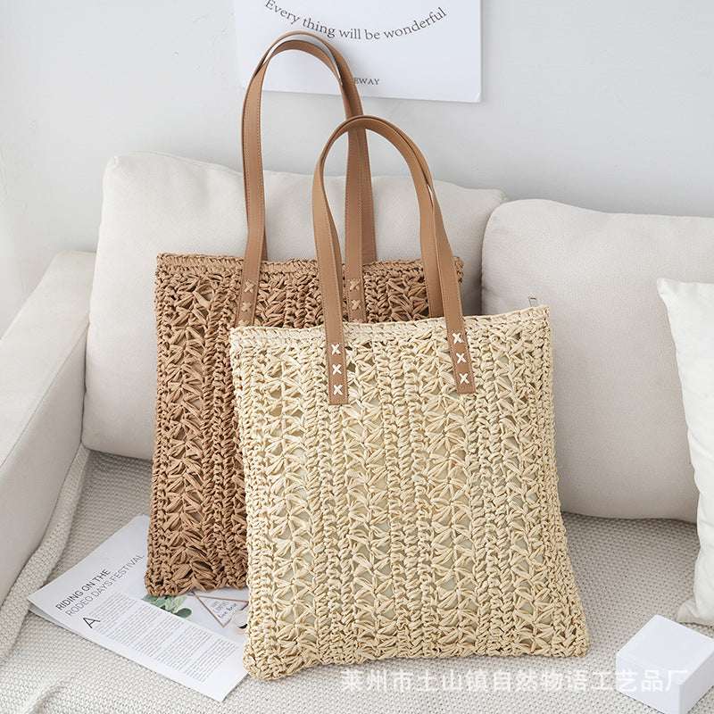 New Woven Striped Straw Bag, Fashionable And Casual Hollow Large Capacity Bag