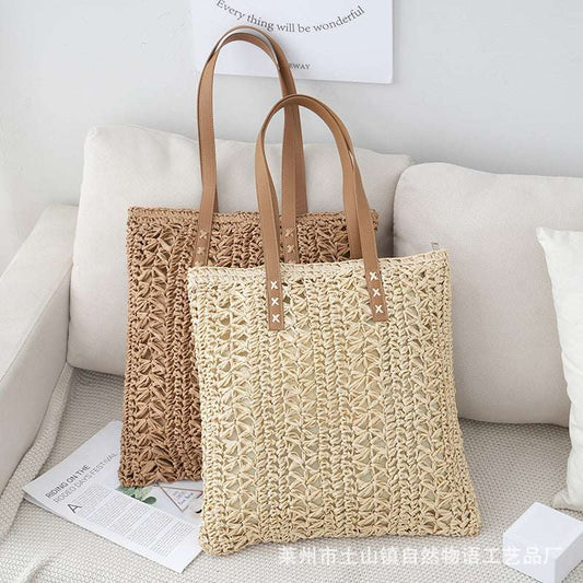 New Woven Striped Straw Bag, Fashionable And Casual Hollow Large Capacity Bag