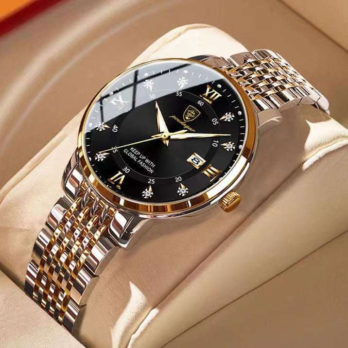 A gold-colored stainless steel OLEVS brand quartz watch with a black diamond dial and a metallic gold bracelet.