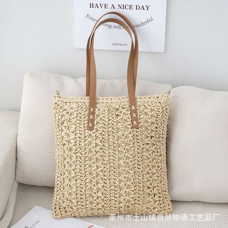 New Woven Striped Straw Bag, Fashionable And Casual Hollow Large Capacity Bag