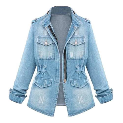 Womens Denim Jacket Autumn Winter Streetwear Zipper Waist Tunic Denim