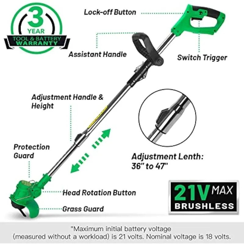 Cordless Trimmer Weed MowerTrimmer,Lightweight 3-IN-1 with Edger Tool,Mower for Garden and Yard,Liiion Battery ,21V 2Ah