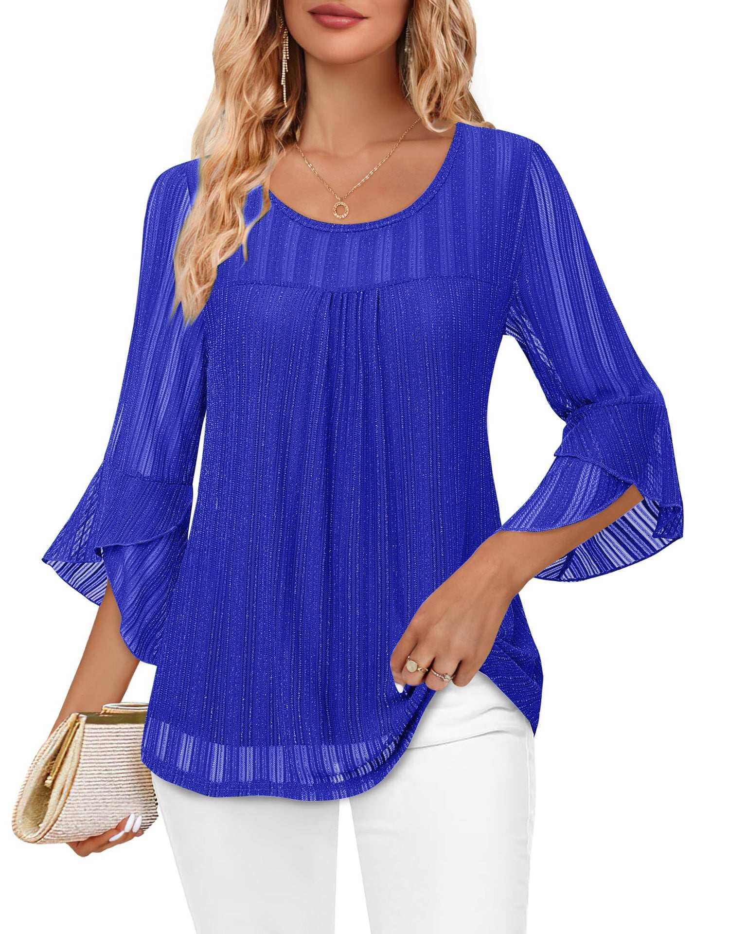 Women Fashion Blouses Flare Sleeve Elegant Ladies O-Neck Tunic Tops New Spring Summer Casual Ruffles