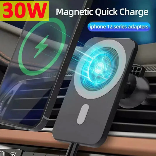 30W magnetic car wireless charger for iPhone with quick charge, compatible with iPhone 12 series.