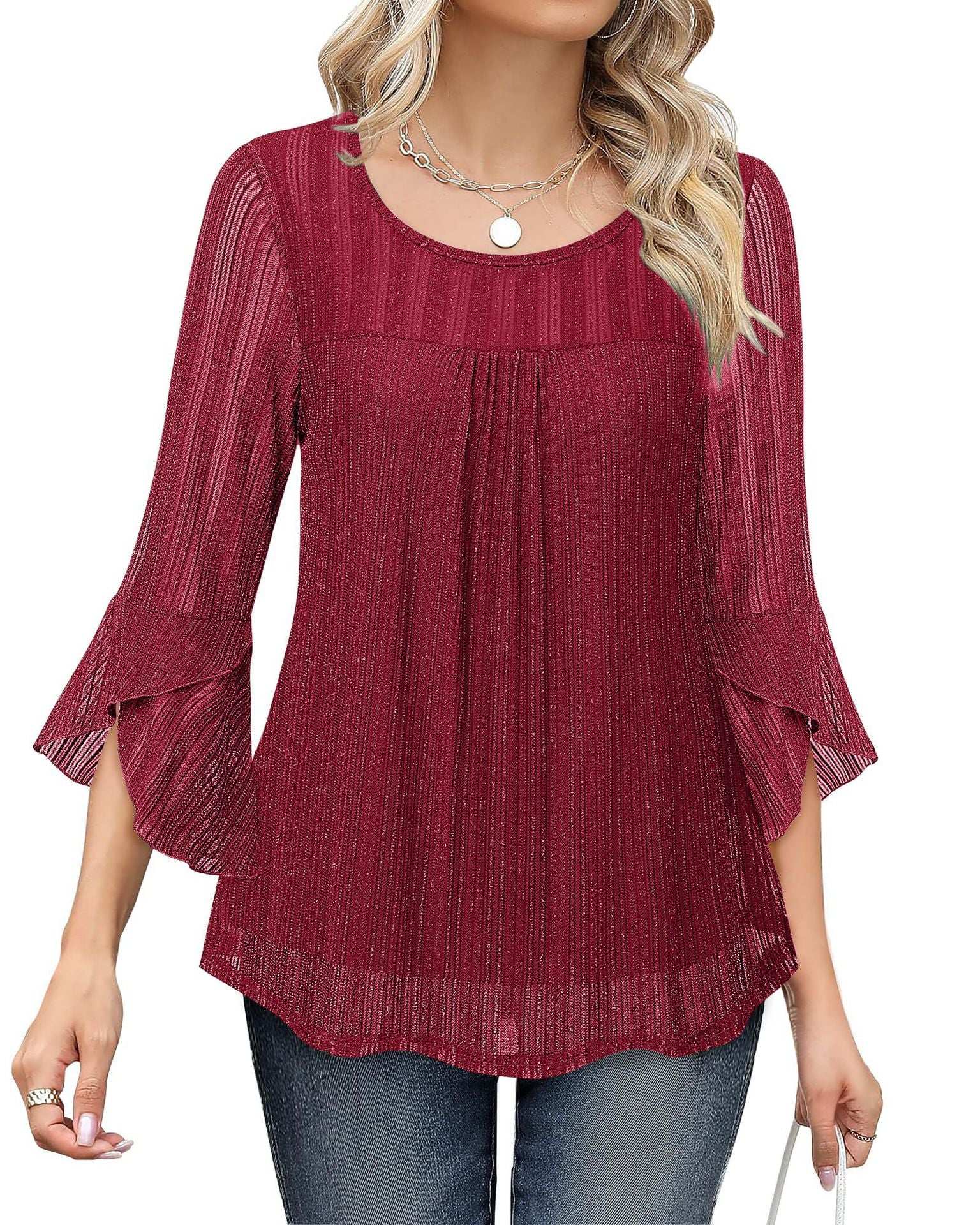 Women Fashion Blouses Flare Sleeve Elegant Ladies O-Neck Tunic Tops New Spring Summer Casual Ruffles