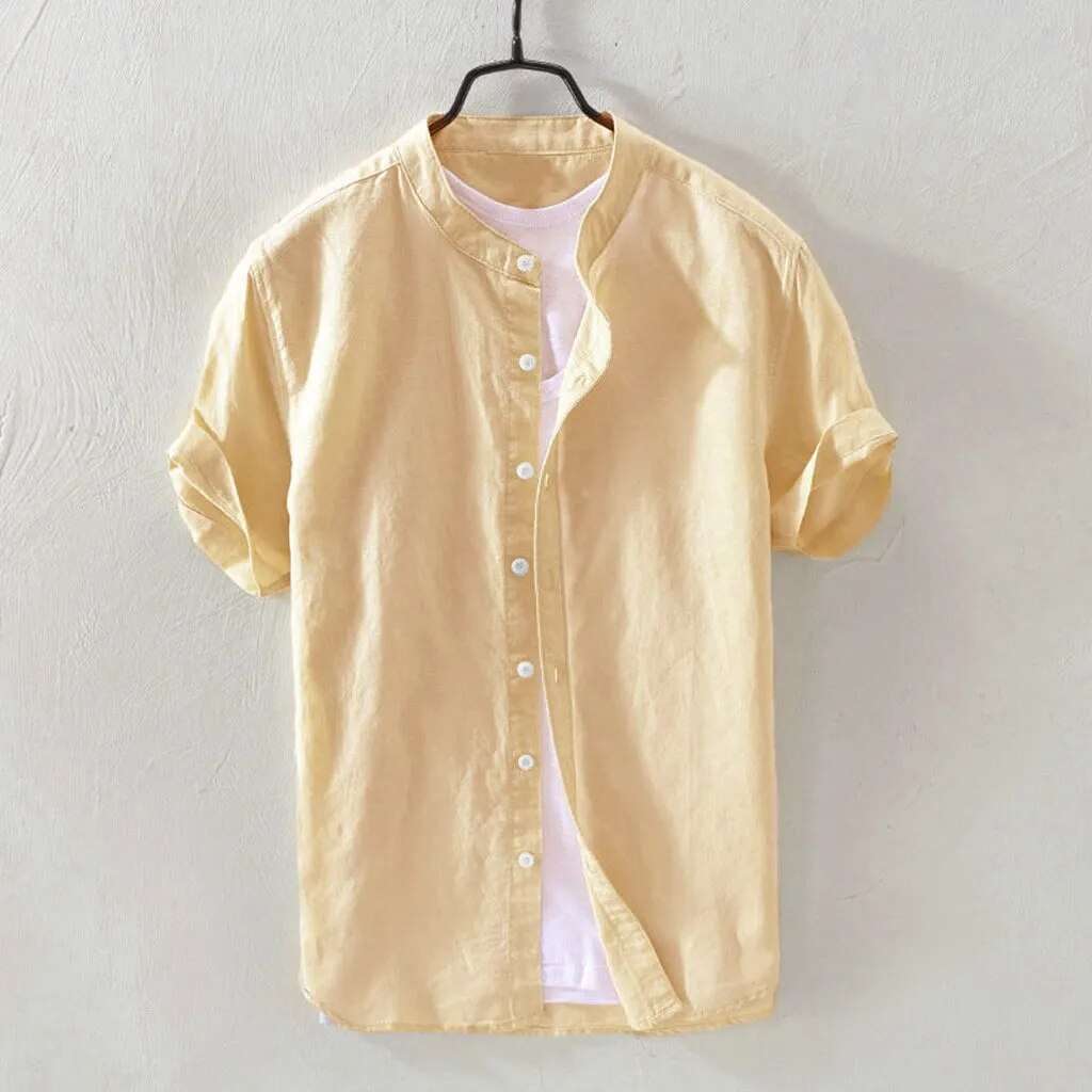 New collection Men's Casual Blouse Cotton Shirt Loose Tops Short Sleeve Summer