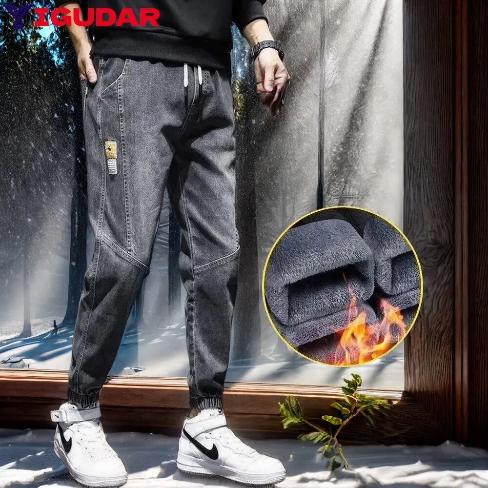 Winter Warm Fleece Jeans Men harem Men jeans Stretch Cotton Thick Velvet Pants men Blue Black Casual Trousers Male Size S-5XL