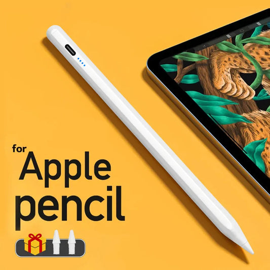Apple Pencil stylus with palm rejection and power display for iPad use.