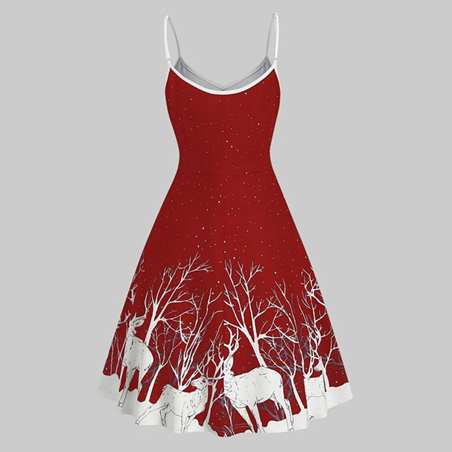 Women Sleeveless V-Neck Christmas Dress Spaghetti Strap Elk Print Xmas