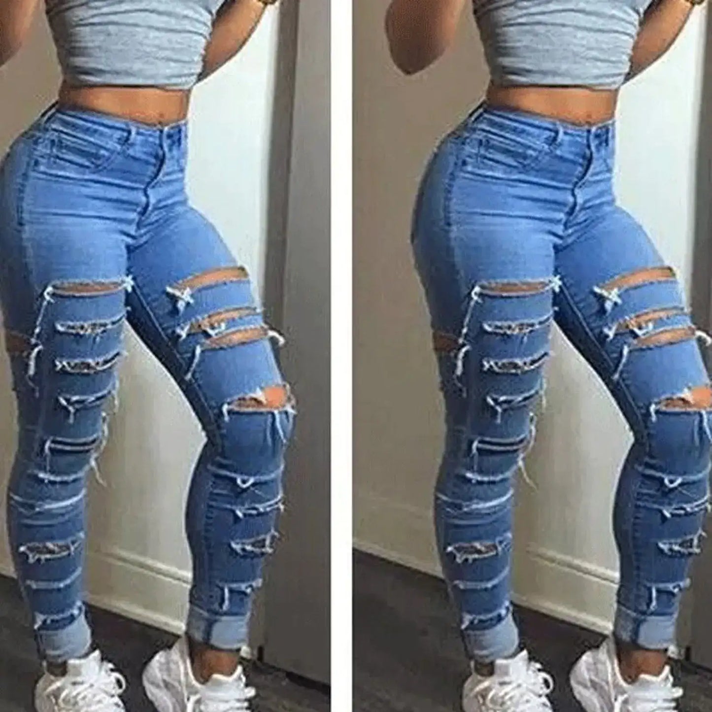 Women’s blue flared ankle ripped jeans with high stretch and baggy fit.