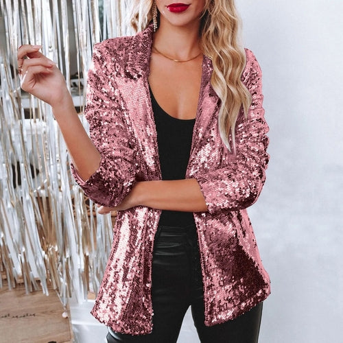 Women Shinny Sequins Blazer Casual Long Sleeve Shimmer Glitter Party