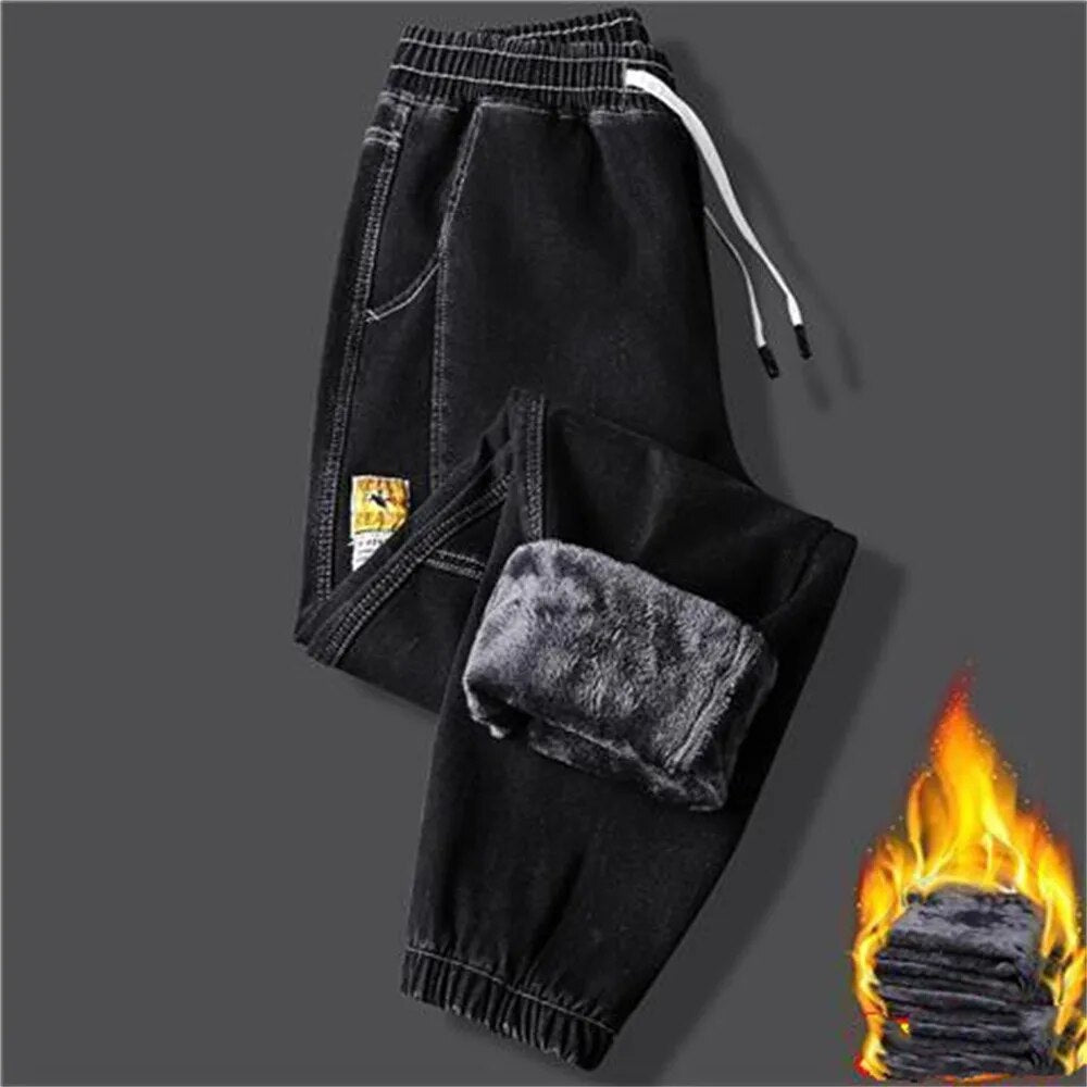 Winter Warm Fleece Jeans Men harem Men jeans Stretch Cotton Thick Velvet Pants men Blue Black Casual Trousers Male Size S-5XL