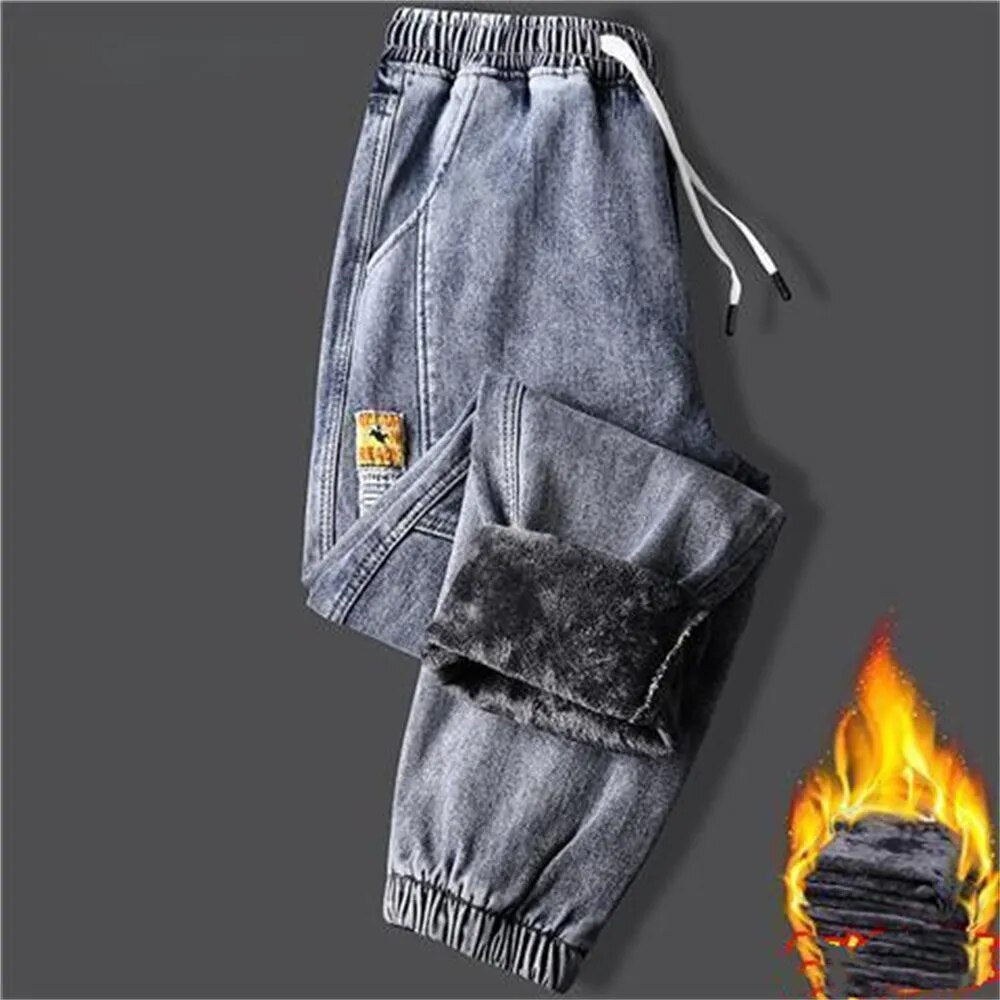 Winter Warm Fleece Jeans Men harem Men jeans Stretch Cotton Thick Velvet Pants men Blue Black Casual Trousers Male Size S-5XL