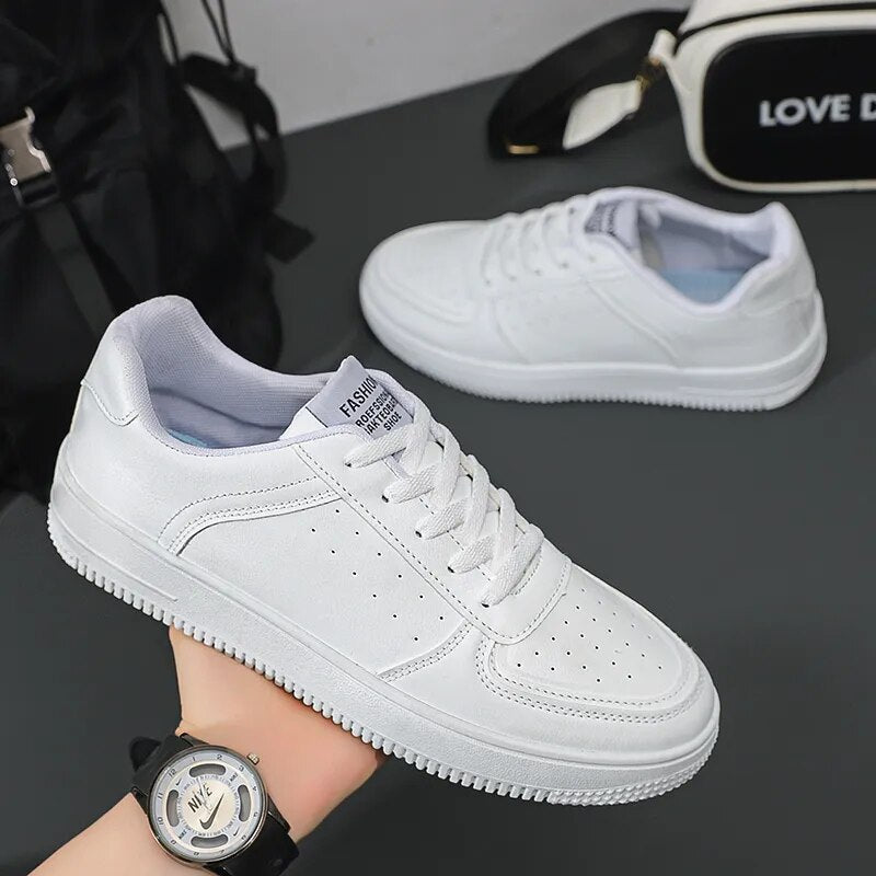 Leather Men White Flat Casual Shoes Lightweight Sneakers Breathable