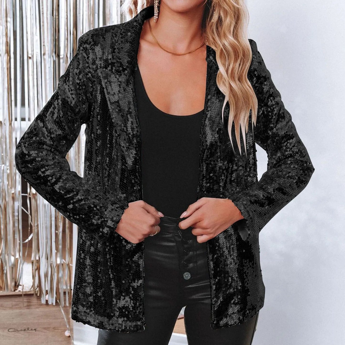 Women Shinny Sequins Blazer Casual Long Sleeve Shimmer Glitter Party