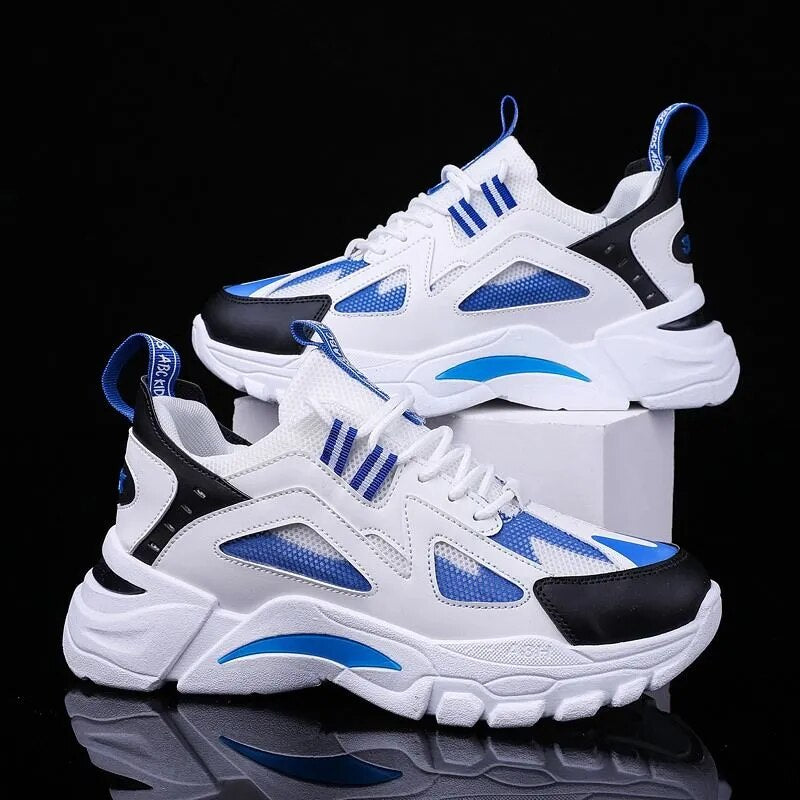 Men's platform sport shoes, blue and white design, breathable mesh, lightweight sneakers for height increase.