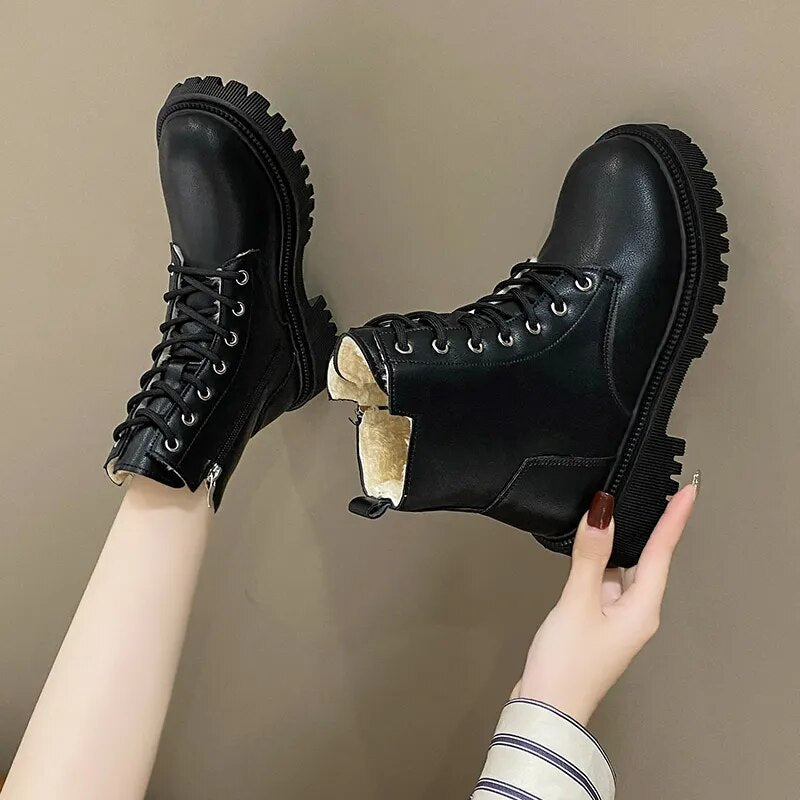 Winter Thicken Plush Ankle Boots Women 2023 New Warm Pu Leather Snow