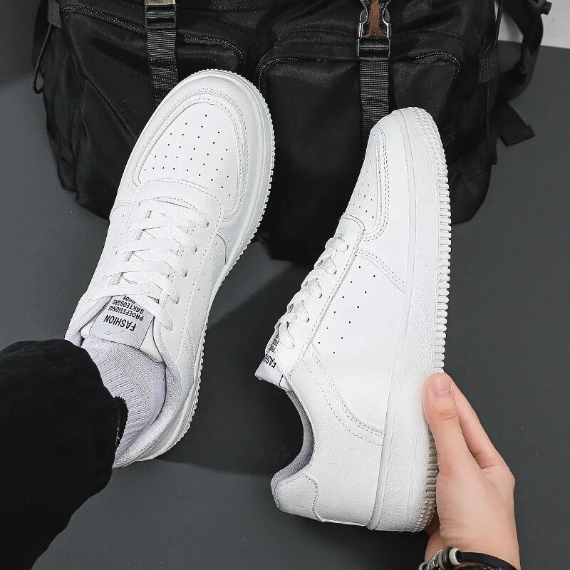 Leather Men White Flat Casual Shoes Lightweight Sneakers Breathable