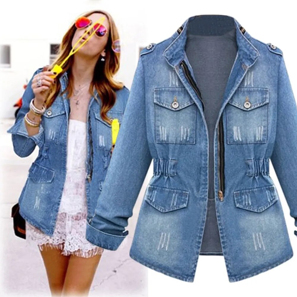 Womens Denim Jacket Autumn Winter Streetwear Zipper Waist Tunic Denim