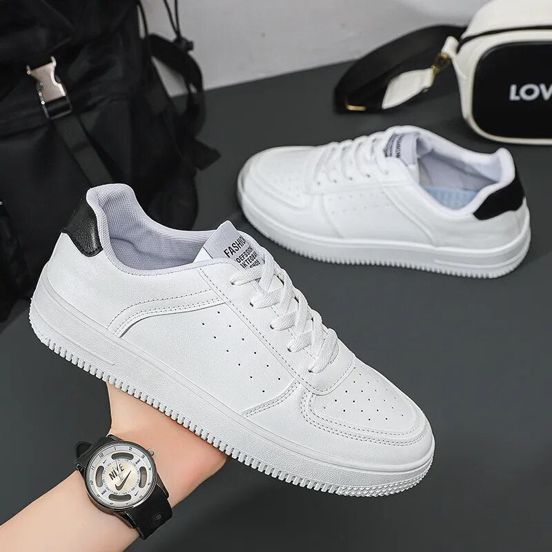 Leather Men White Flat Casual Shoes Lightweight Sneakers Breathable