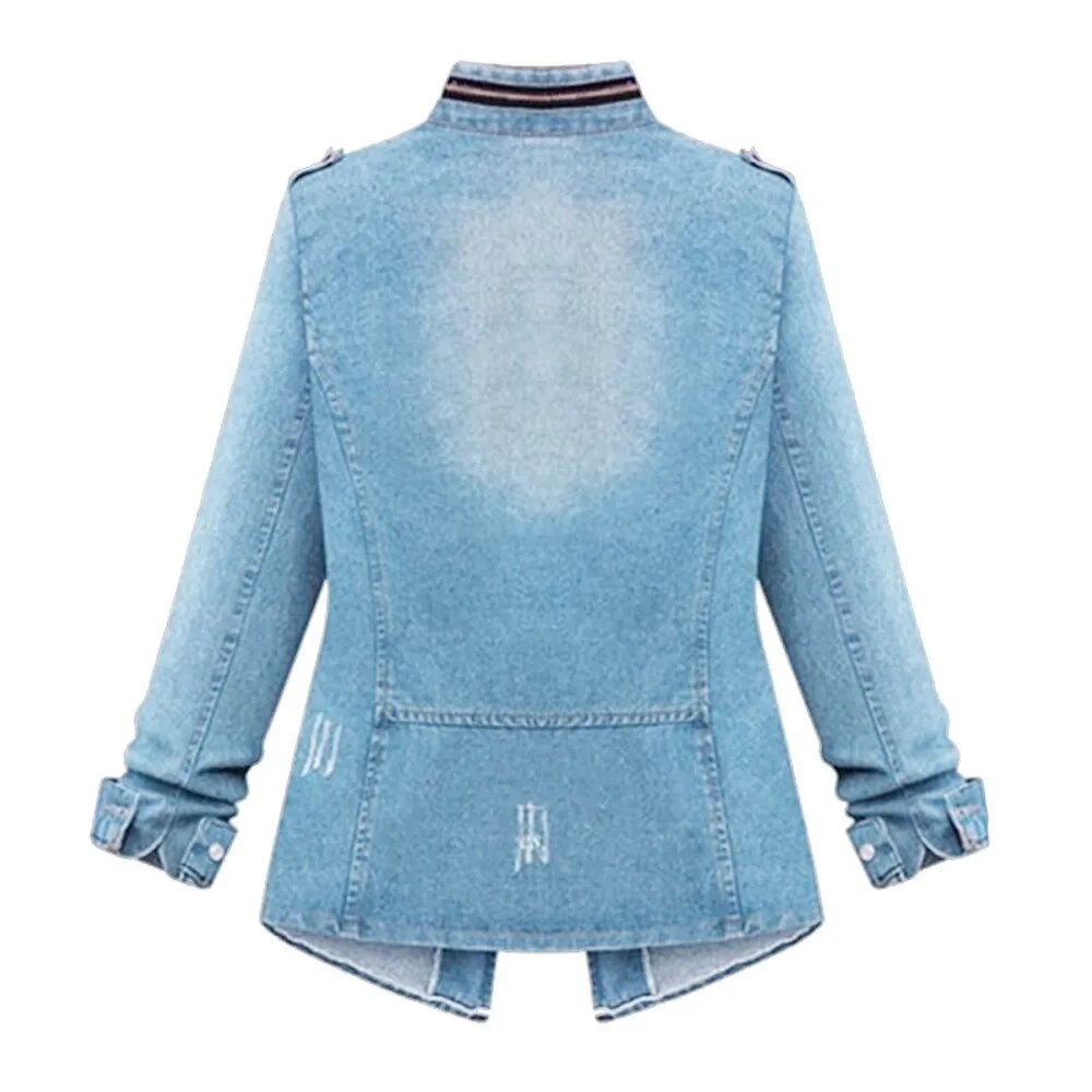 Womens Denim Jacket Autumn Winter Streetwear Zipper Waist Tunic Denim