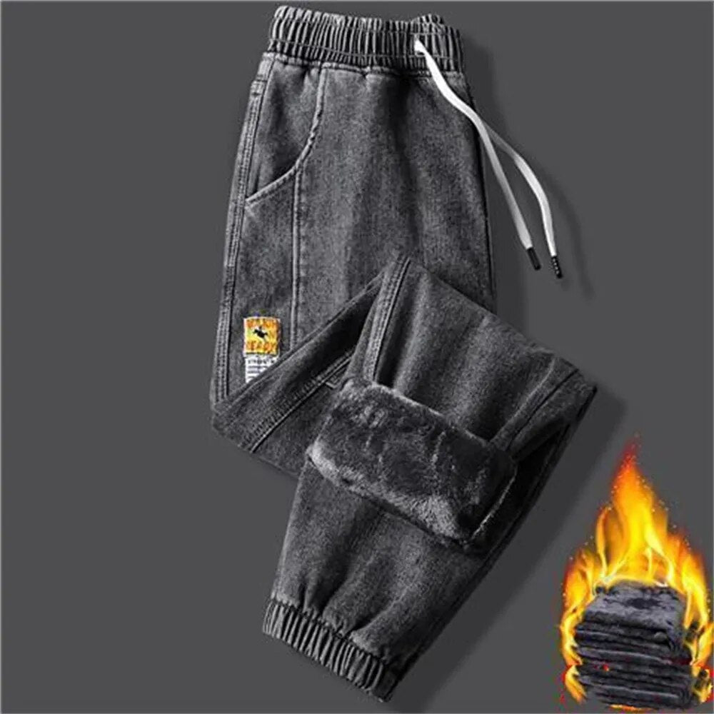 Winter Warm Fleece Jeans Men harem Men jeans Stretch Cotton Thick Velvet Pants men Blue Black Casual Trousers Male Size S-5XL