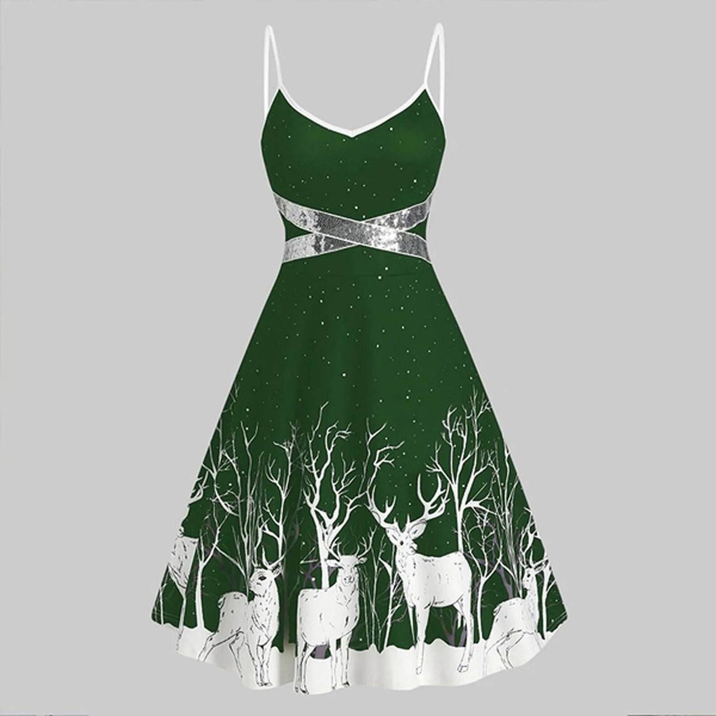 Women Sleeveless V-Neck Christmas Dress Spaghetti Strap Elk Print Xmas