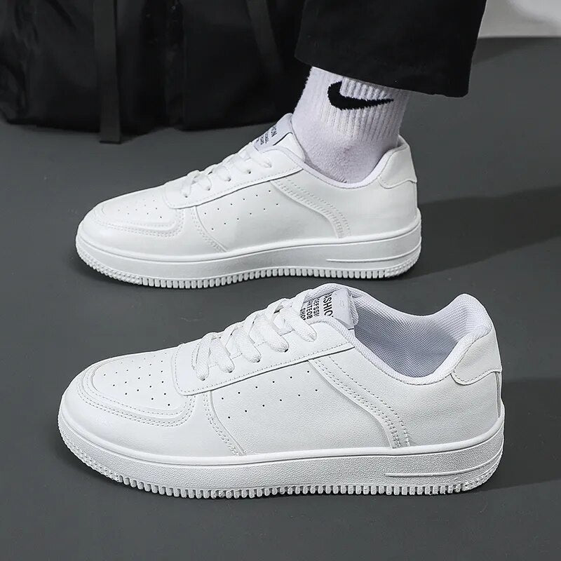 Leather Men White Flat Casual Shoes Lightweight Sneakers Breathable