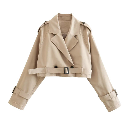 Women Cropped Trench Jacket Chic Bomber Jacket with Belt Streetwear