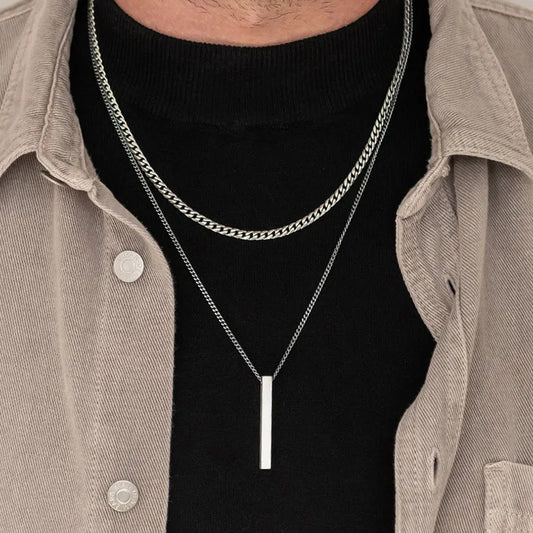 Vnox 3D Vertical Bar Necklaces for Men, Layering Stainless Steel Geometric Pendant, Layered Wheat Rope Cuban Chain, Boy Collar