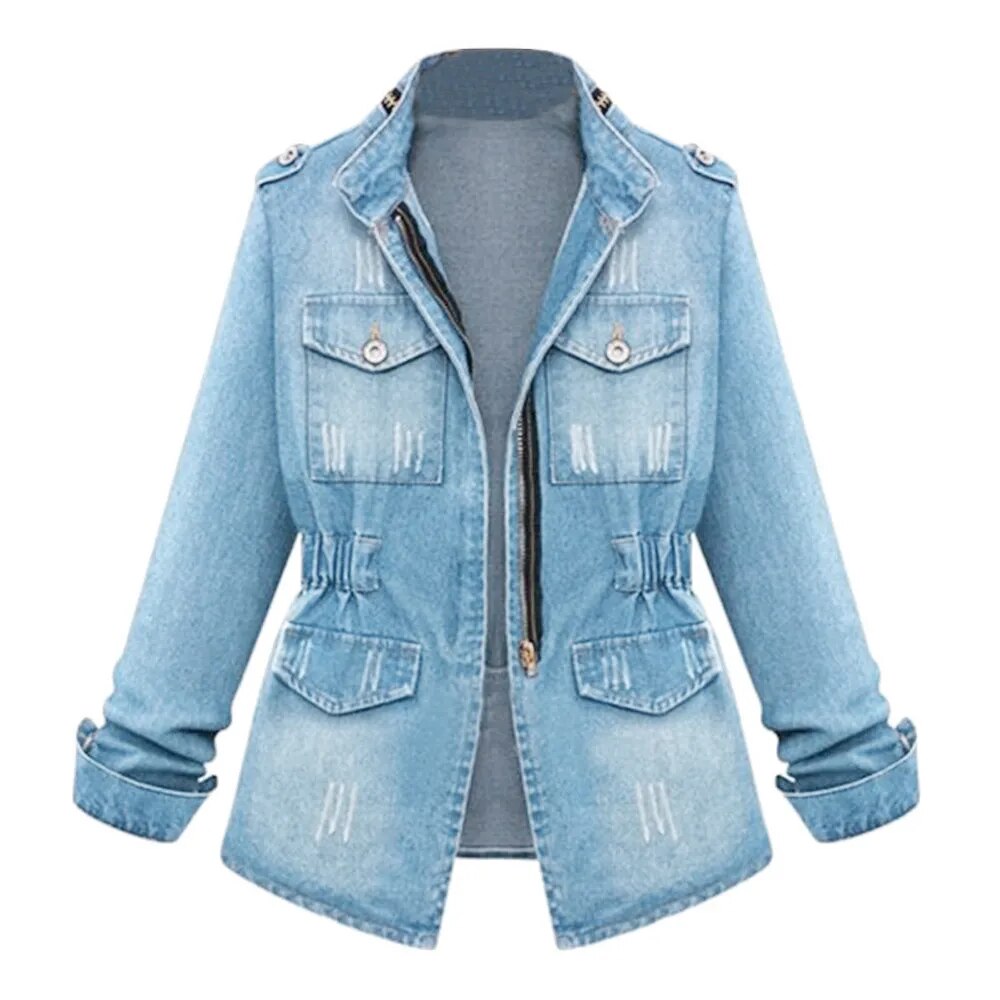 Womens Denim Jacket Autumn Winter Streetwear Zipper Waist Tunic Denim