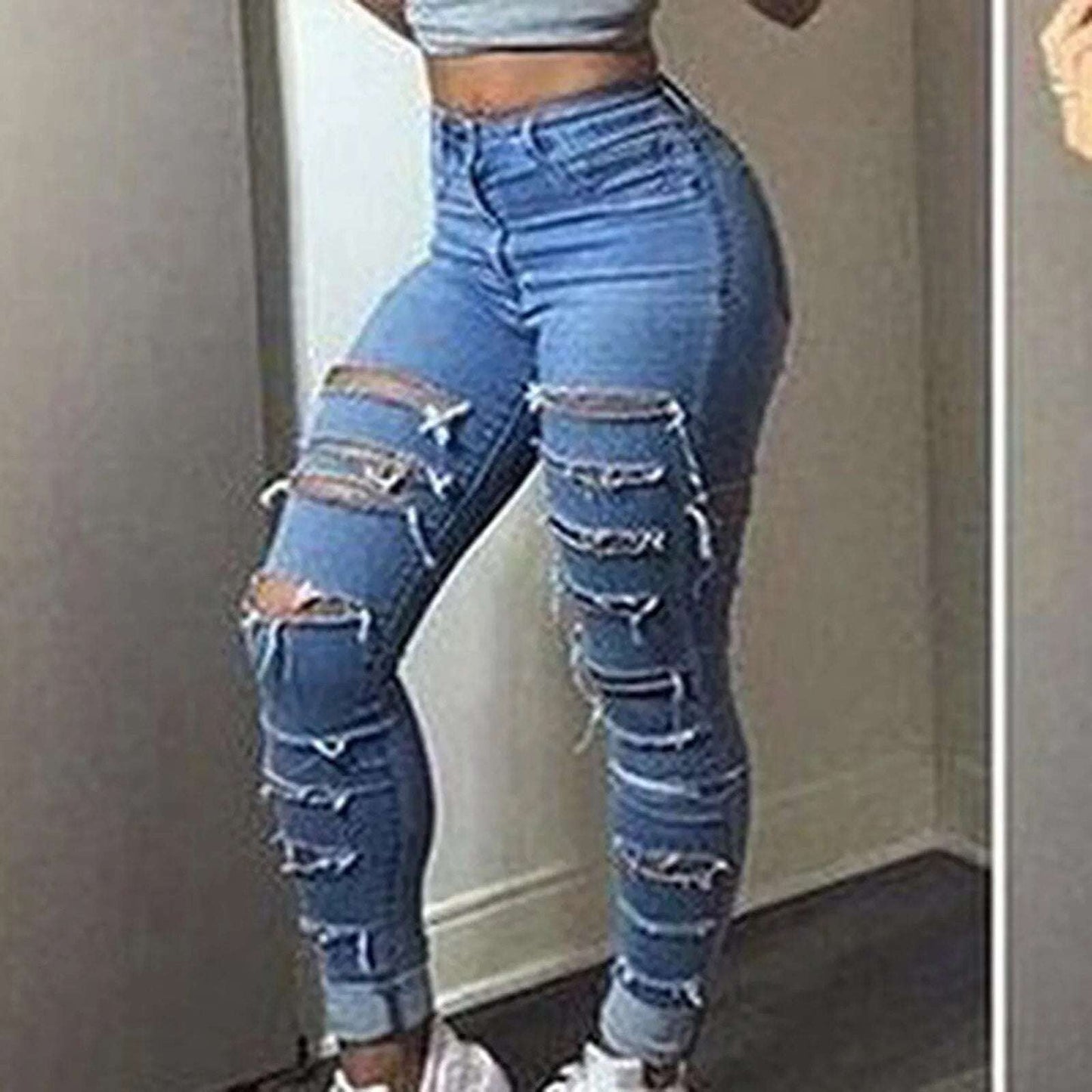 Women Flares Ankle Fashion Pants Trouser Solid Color Blue Hole High Jeans Stretch Baggy Jeans Leggings