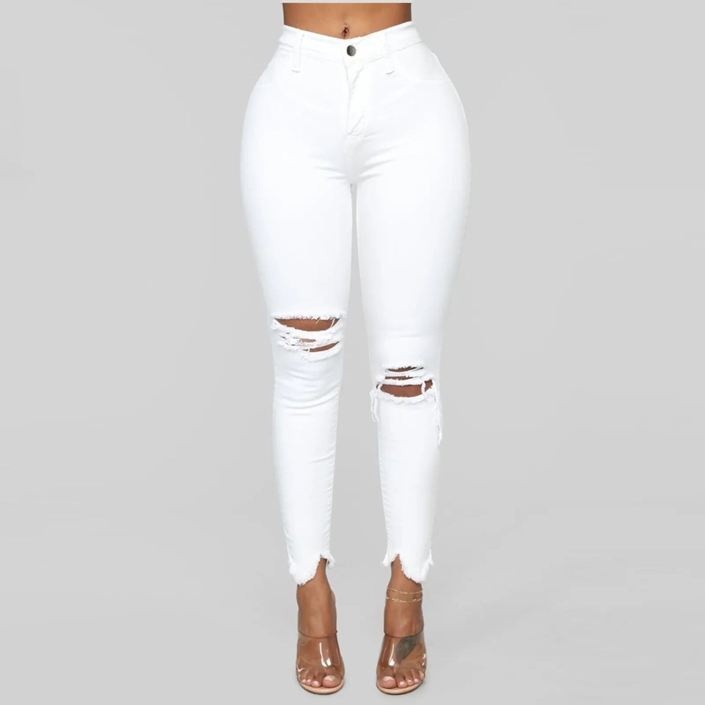 Women Denim Regular Pants Slim Plus Size Ripped Hole Solid Color Long Jeans 2024